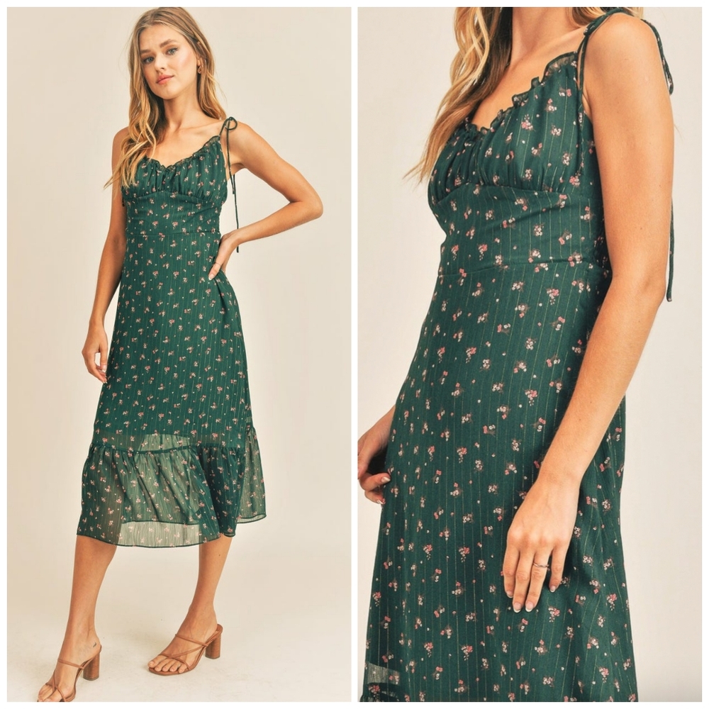 RESET By Jane Chic Hunter Green Floral Midi Dress - Picture 2 of 4